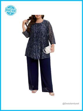 Plus Size Lace Chiffon 3-Piece Pant Suit Set Mother of the Bride Wedding Formal